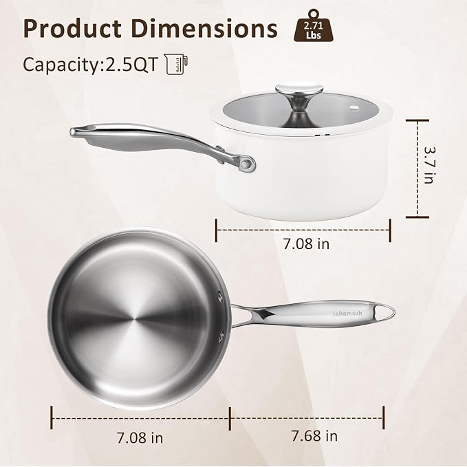 SAKAMOSH 2.5qt Tri-Ply Stainless Steel Saucepan & Lid, Induction Safe | PFAS/PFOA/PTFE-Free, Dishwasher & Oven & Induction Safe, Stay-Cool Handle,Compatible with All Cooktops