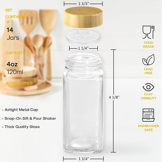 AOZITA 14 Pcs Spice Jars with Bamboo Lids - 4oz Square Spice Bottles with Spice Labels, Shaker Lids, Funnel