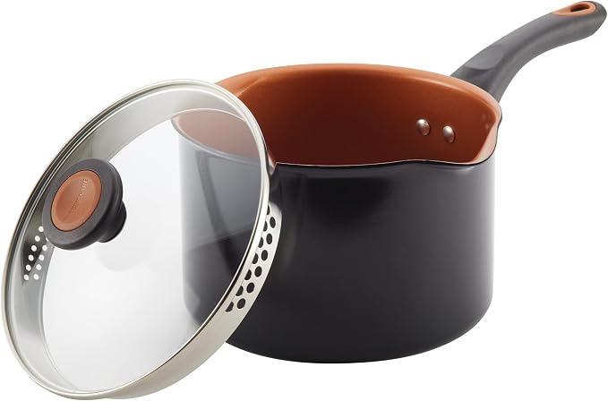Farberware Glide Copper Ceramic Nonstick Straining Sauce Pan with Lid, 3-Quart, Black
