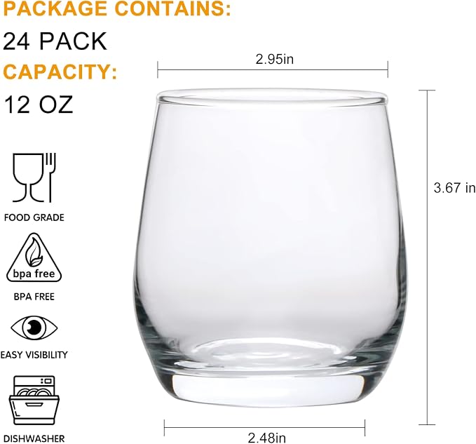 12 oz Wine Glasses,Stemless Wine Glasses Set of 24 | Wine Glass Tumbler for Red or White Wine,High-end Banquet,Party,Bar,Wedding,Gift