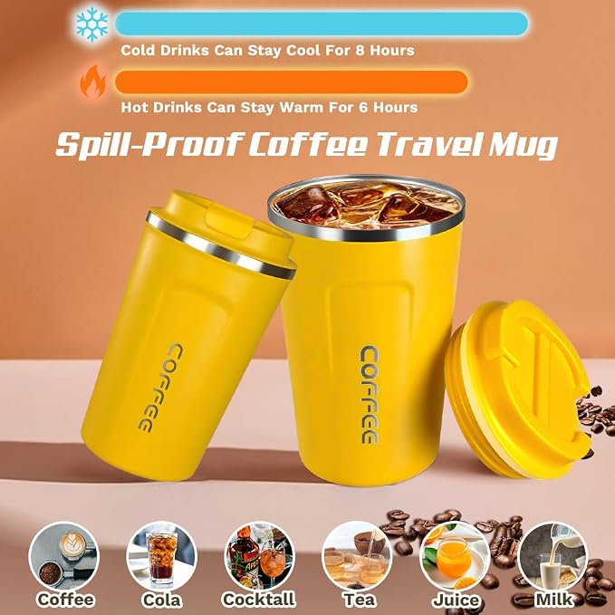 SPLMIFA Travel coffee mugs leak-proof, reusable coffee cup with lid, stainless steel vacuum insulated coffee tumblers, thermal insulation cups for men & women keep drinks hot & cold (2nd-Yellow, 17OZ)