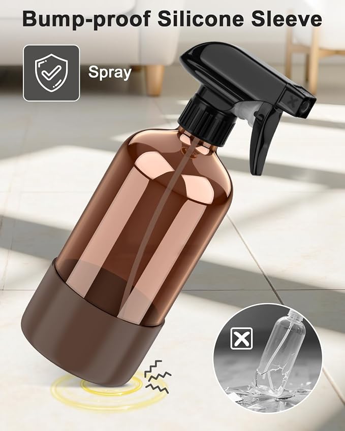 Bontip Amber Glass Spray Bottle, 16 oz with Brown Silicone Sleeve, 1 Pack | Refillable amber glass bottle, With protective silicone sleeve, BPA-free, UV shielding, Great for cleaning solutions,plants
