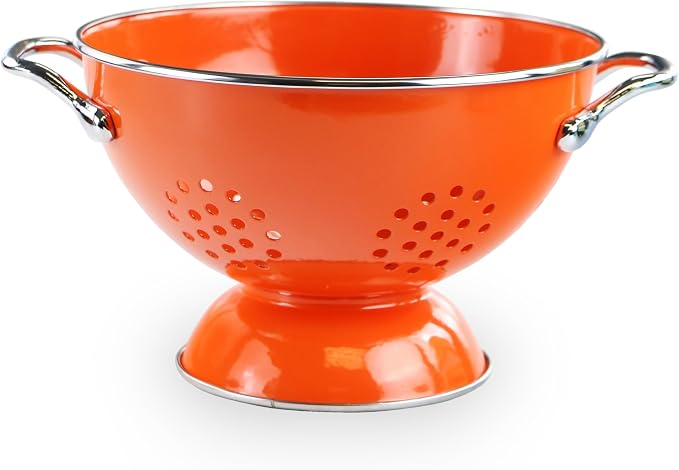 Reston Lloyd, 1.5 Quart Powder Coated Steel Kitchen Strainer Basket for draining Pasta, Vegetable and Fruit, Chrome Handles and Wide Stable Base, Orange