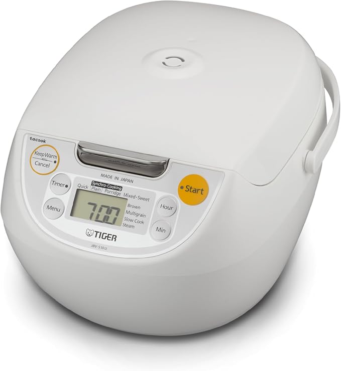 TIGER JBV-S10U 5.5-Cup (Uncooked) Micom Rice Cooker and Warmer with Tacook Food Steamer Cooking Tray Technology, White