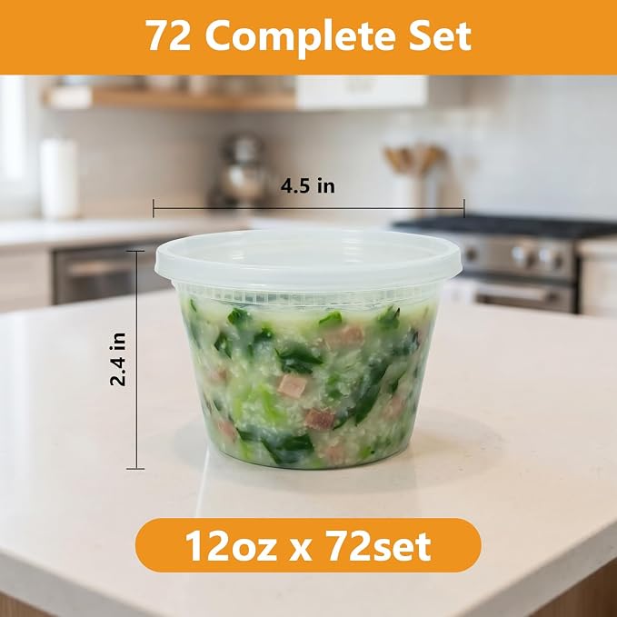72 Sets (144-Piece) Deli Containers with Lids,12oz X 72 Set Each | Leak-Proof & BPA Free Airtight Takeout Plastic Food Storage Containers for Soup, Meal Prep, Microwave/ Freezer Safe
