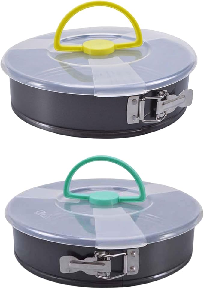 2Pcs Springform Pan Set with Lids, 9 and 10 Inch Nonstick Carbon Steel Cake Pans, Removable Bottom Bakeware for Cheesecake, Pizza, Pie with Travel-Friendly Design