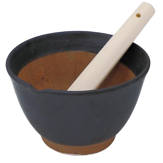 Asayu Japanese Ceramic Black Mortar Bowl with Wooden Pestle 6.3 in (160 mm), Made in Japan Dishwasher and Microwave Safe Ripple Ridge Suribachi and Sukirogi Set