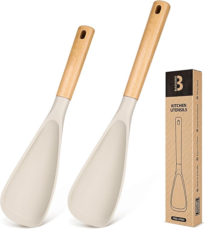 Multifunction Cooking Spoon for Nonstick Cookware,11.4"&13.4",Khaki | Great for Cooking and Serving, Sturdy BPA-Free Matte Silicone, Wood Handle spoonula for Mixing, Scoop, and Scrape