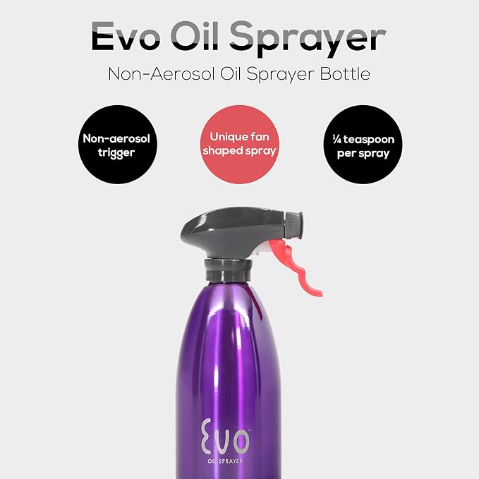 Evo Oil Sprayer 18/8 Stainless Steel, Non-Aerosol for Olive, Cooking Oils, and Vinegars, Purple, 16-Ounce Capacity