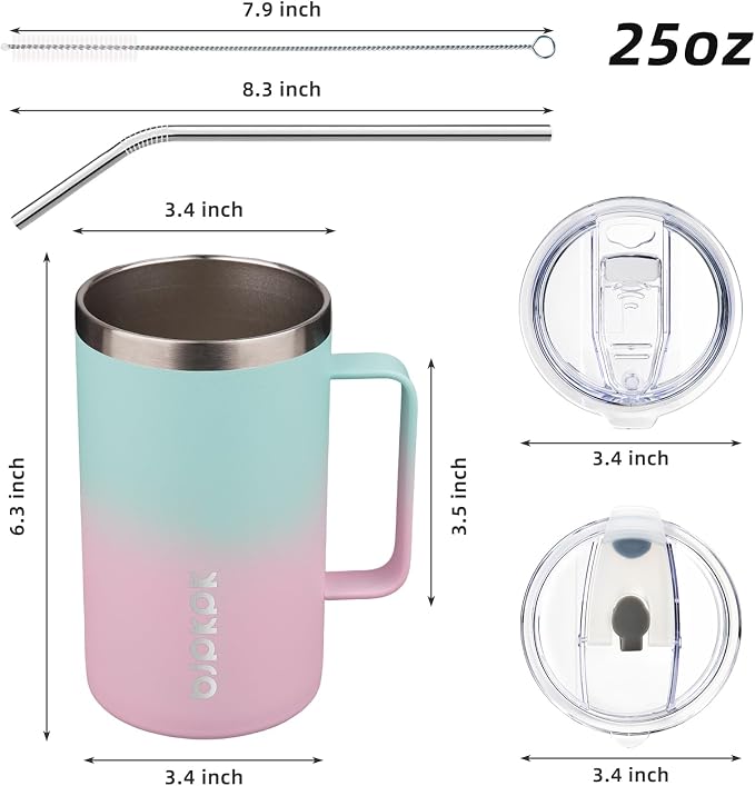 BJPKPK 25oz Insulated Coffee Mug with Handle, Stainless Steel Travel Mug | Keeps Drinks Hot & Cold, Double Wall Vacuum, 2 Lids Included, BPA-Free Coffee Tumbler for Home, Office & Travel