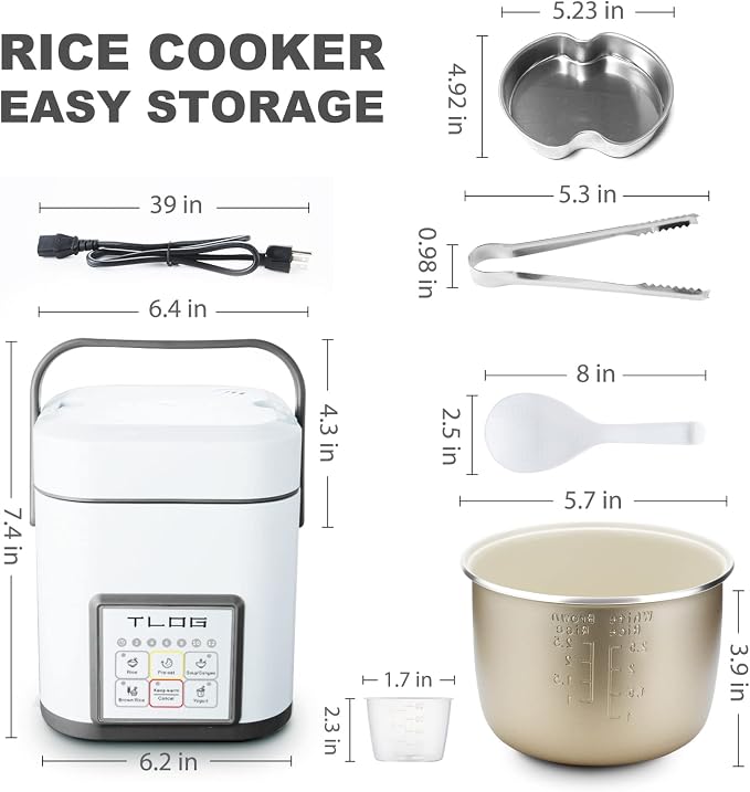 TLOG Mini Rice Cooker, 1.2L with Ceramic-Coated Pot, 2.5-Cup Uncooked | Food steamer, 12-hour delay timer, compact size for 1-2 people, for rice, grains, oatmeal, dorm rooms and travel