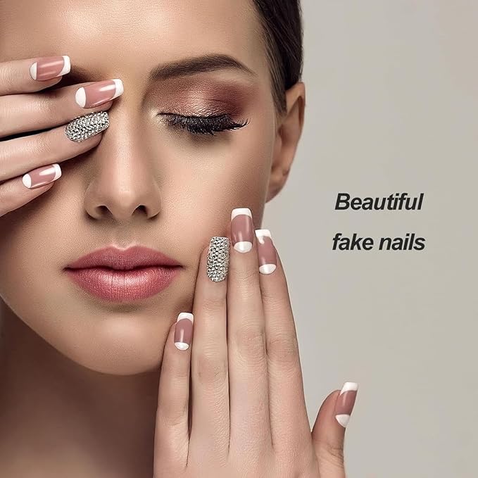 WLGDLH Leopard Print French Tip Press on Nails Medium Square Fake Nails Press ons Nail Tips Kit with Flowers Design Nude Glossy False Nails Full Cover 3D Gold Beads Glue on Nail for Women 24Pcs