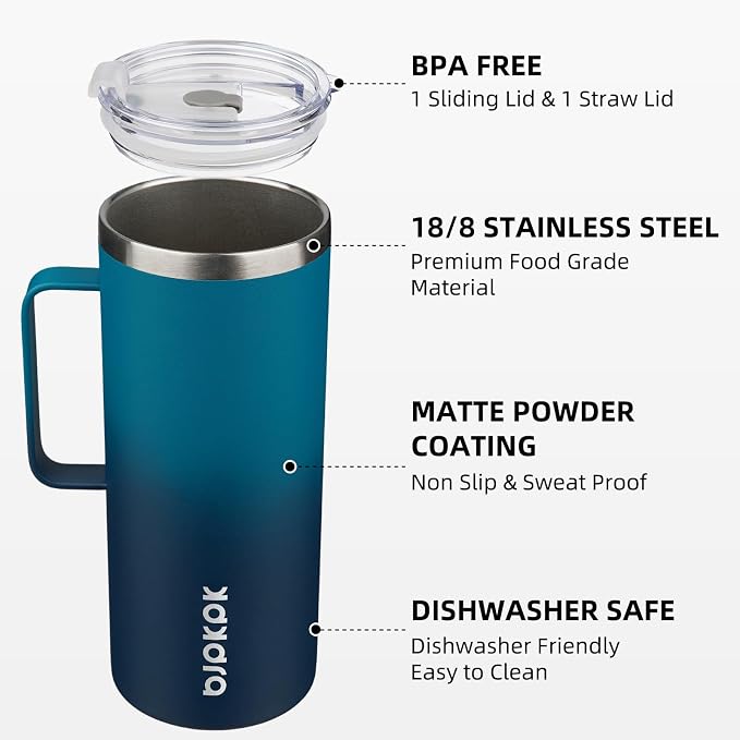 BJPKPK 32oz Insulated Coffee Mug with Handle, Stainless Steel Travel Mug | Keeps Drinks Hot & Cold, Double Wall Vacuum, 2 Lids Included, BPA-Free Coffee Tumbler for Home, Office & Travel