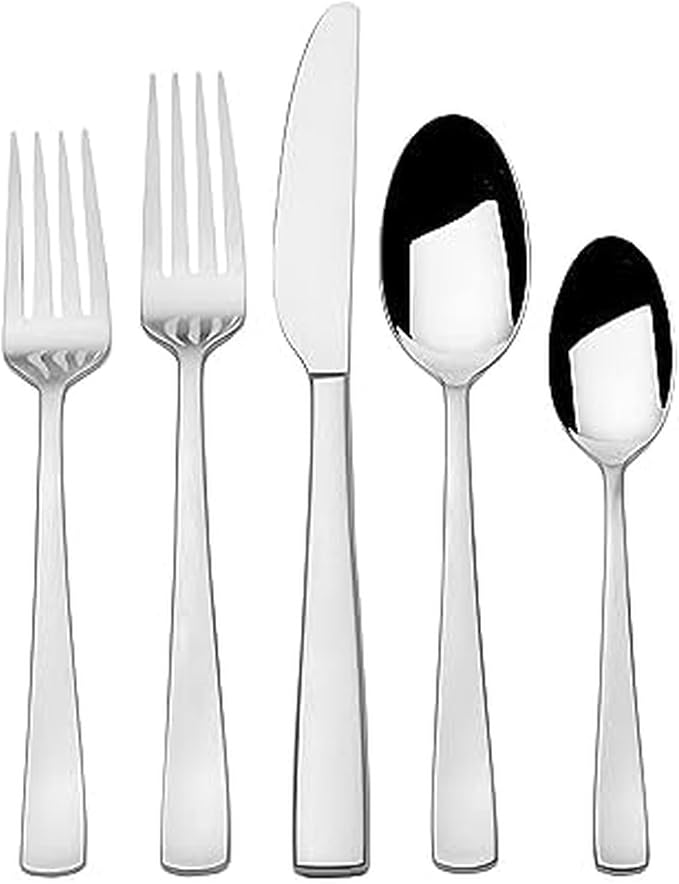 Mikasa Barrett 45-Piece Flatware Set, 18/10 Stainless Steel Silverware Set, Service for 8, Minimalist Square-Tip Handles, Dishwasher Safe