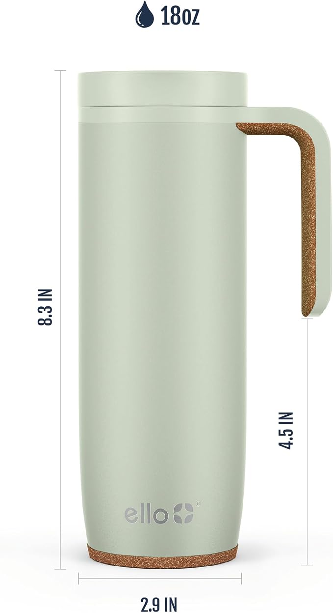 Ello Magnet 18oz Insulated Stainless Steel Travel Mug with Handle, Sage | Leakproof coffee tumbler with side handle and cork coaster. BPA-free, keeps drinks hot for 5 hours, great for coffee and tea.