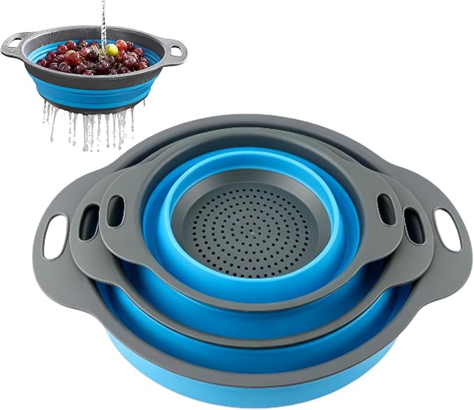 Collapsible Colander Set, 3 Pack Silicone Kitchen Strainer Set, Space Saving Design, Small Round Colander Baskets for Draining Pasta, Vegetable and fruit, (3Qt+4Qt+5Qt)