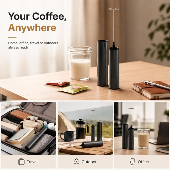 Rechargeable Milk Frother, Electric Coffee Foamer, Handheld Drink Mixer for Latte, Cappuccino, Coffee, Eggs, Hot Chocolate, Protein,Paint Black