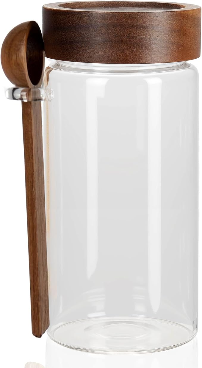 28 oz/850 ml Glass Storage Canister with Airtight Wooden Lid, Clear Small Decorative Container Jar with Spoon for Salad Overnight Oats Snacks Yogurt Cereal Fruit Spice Sugar Coffee