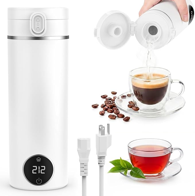 Portable Travel Electric Tea Kettle,6 Preset Temp Plug-in Keep Warm,15 OZ Small Hot Water Boiler,304 Stainless Steel,Auto Shutoff&Boil Dry Protection,Termo Electrico Portatil for Hotel,RV Travel White