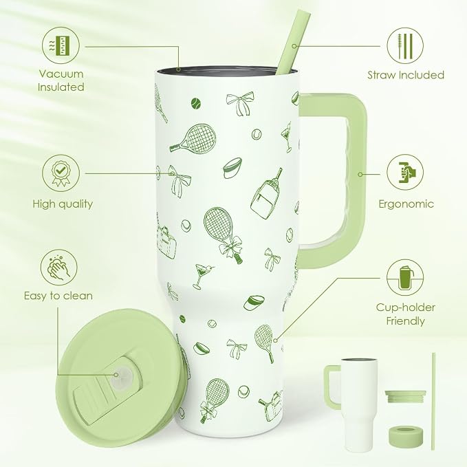 SANDJEST Tennis 40oz Tumbler With Handle and Straw, Insulated Stainless Steel Travel Coffee Mug for Women Girls Tennis Players, Gift Idea for Birthday Christmas Mothers Day