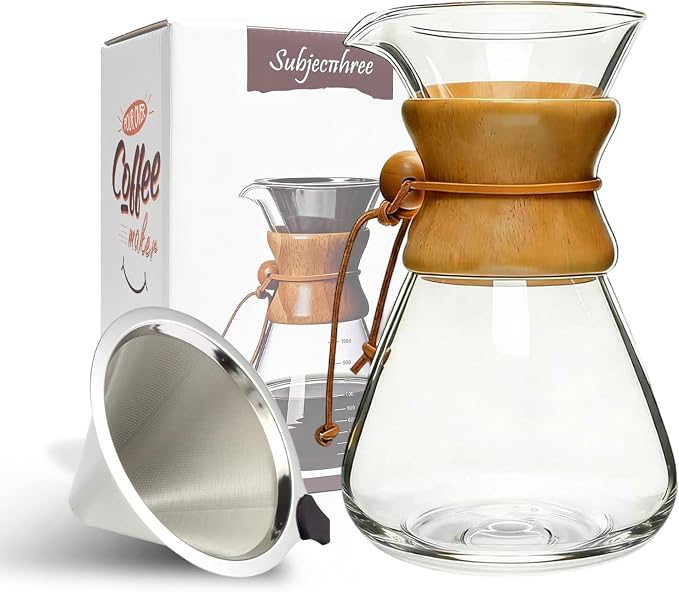 subjectthree Travel Pour Over Coffee Kit 10 Cup Carafe (34 Ounce) | Drip coffee carafe with 304 Stainless Filter, Borosilicate glass, Easy clean & use for home kitchen, office, cafe, camping