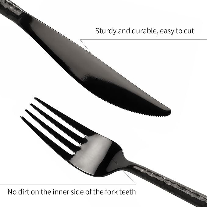 Black Silverware Set Round Hammered Handle 20 Pieces Service for 4 | 18/10 Stainless Steel Flatware Set, Hand Forged Heavy Cutlery, Mirror Finished, Wedding Housewarming Gift, Dishwasher Safe