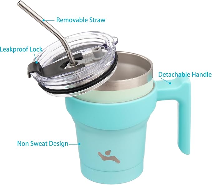 Konokyo 10 oz Tumbler with Handle and Straw, Insulated Travel Mug | Mint; BPA-free, leak-proof tumbler with 2 lids, 2 straws, cup holder fit for coffee, office, travel & daily use
