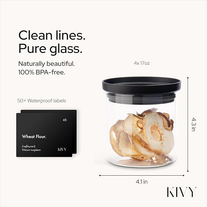 KIVY Airtight Glass Jars with Lids & Labels [4x 17oz] Stackable Glass storage jars with airtight lids - Black Glass Jars with airtight lid - Food Glass canisters with transparent lids