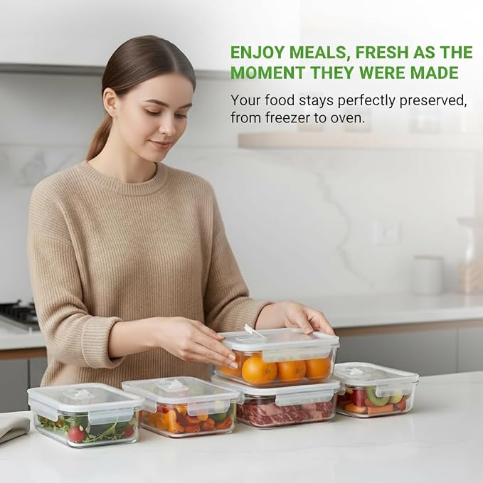 NutriChef 5-Piece 30 oz Reusable Glass Meal Prep Containers - Stackable Kitchen Storage Containers for Food, 4-Side Locking Plastic Lids w/Vent Hole - Easy to Clean, Dishwasher Safe (Flat)