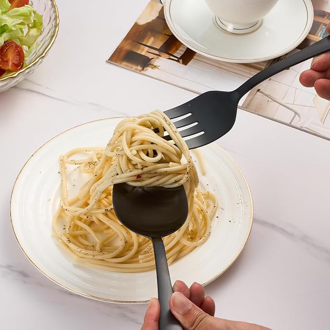 Matte Black Serving Set 4PCS Stainless Steel Hostess Utensils | Include: slotted spoon serving spoon serving fork and cake server, for buffets/gatherings/daily meals, dishwasher safe