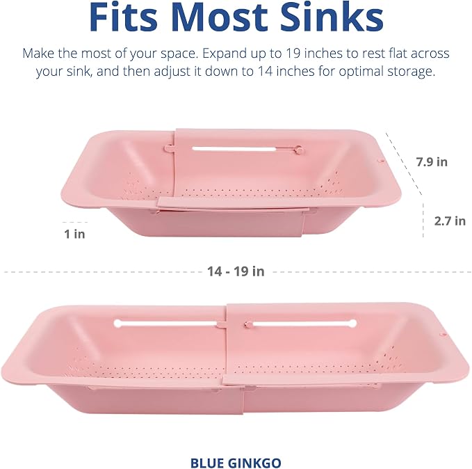 Blue Ginkgo Over Sink Colander, Extendable Kitchen Strainer, Pink | Fits Most Sinks. Rinse, Drain and Dry with Ease.
