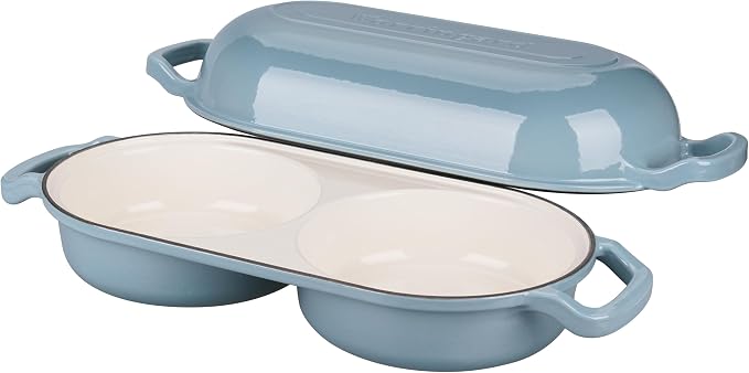 Enameled Cast Iron Double Dutch Oven with Lid, Dual Round Loaf Pan, Bread pan for Homemade Sourdough Bread Baking, Sea salt