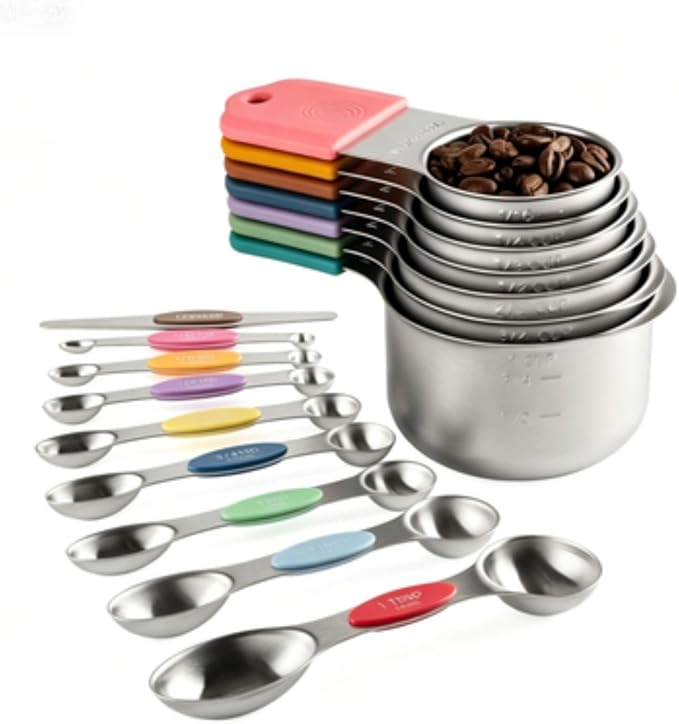 16Pcs 304 Stainless Steel Measuring Cups Spoons Set Color Silicone Handle Magnetic Stackable Baking Measuring Tools