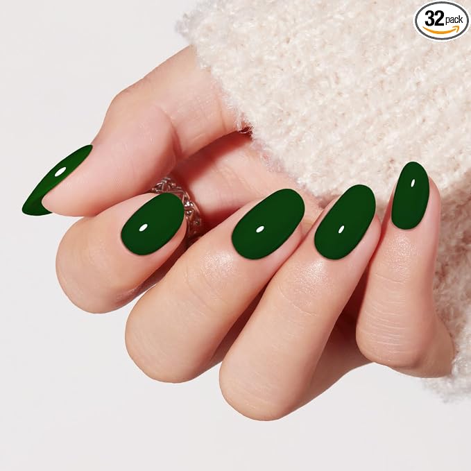 modelones Jewel Green Short Press on Nails, Oval Fake Nails Kit | Press Ons with Nail Glue, Adhesive Tabs, Nail File, Prep Pad, Manicure Stick, 32Pcs 16 Sizes, Summer Women Girl Gift