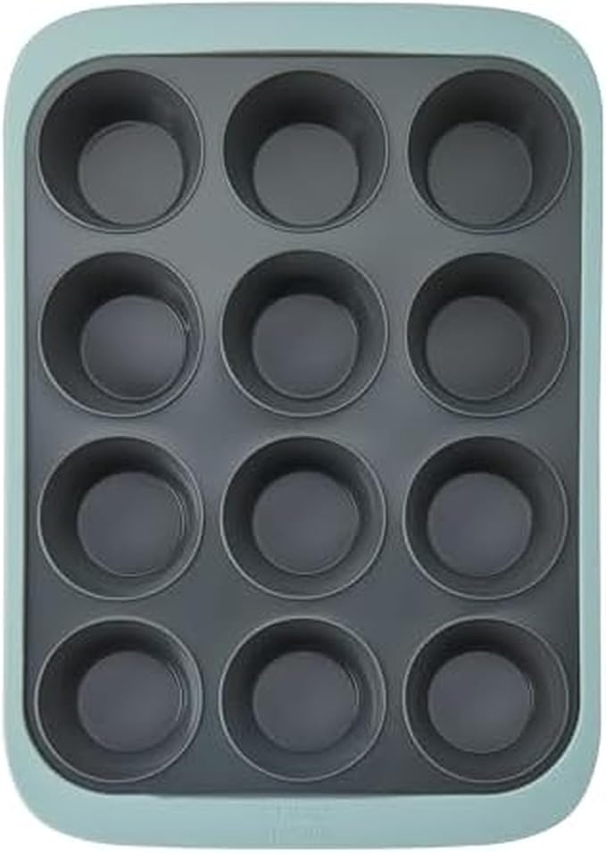 Chicago Metallic 12-Cup Silicone Muffin Pan, Blue - Nonstick Cupcake Baking Pan with Wire-Reinforced Rim, Oven Safe to 428F, Dishwasher Safe, 14.6 x 10.43 Inches