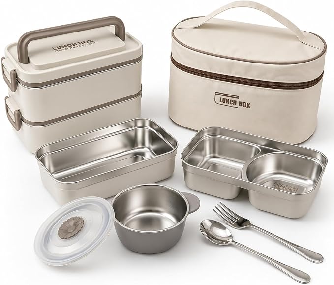 Kabbas 18/8 Stainless Steel Bento Box for Kids & Women – 66 Oz Leakproof Lunch Containers for Adults, 2Layers Stackable Metal Lunch Box with Cutlery & Insulated Bag – Ideal for Work, School, Picnic