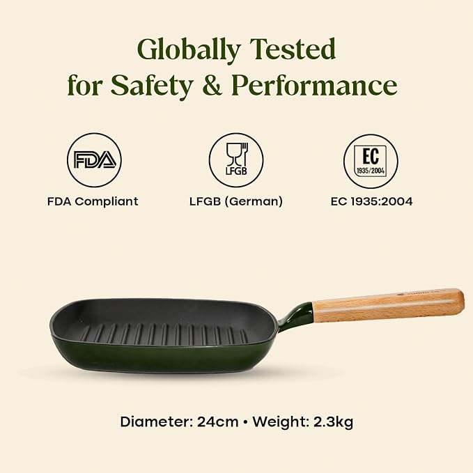 CUMIN CO. Enameled Cast Iron Grill Pan 10 Inch, 1.2 QT Grill Skillet – Non Toxic PFAS Free Cookware – 4 Layer Enamel Coating – Indoor Grill Pan for Steak, Chicken, Burgers & Vegetables (Green)