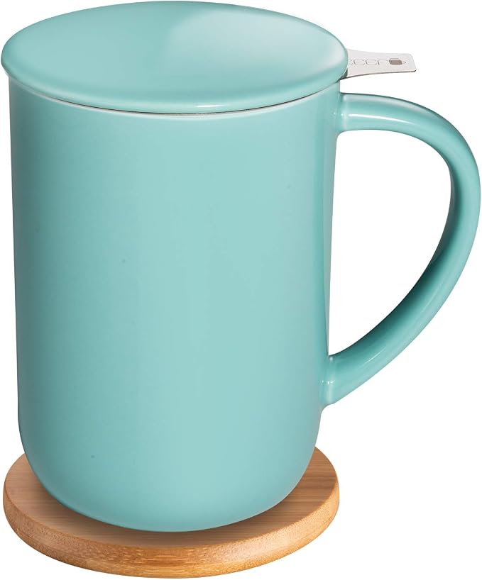 CEEFU 16oz Porcelain Tea Mug with Infuser, Lid and Coaster | Teaware with Filter, Loose Leaf Tea Cup Steeper Maker, Tea/Coffee/Milk/Women/Office/Home/Gift, Turquoise