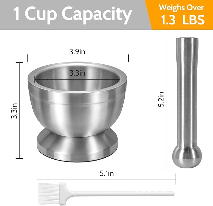 Mortar and Pestle Set, Stainless Steel with Anti Slip Base and Detail Brush | 3.9-Inch pill crusher, Durable and Shatter-Resistant, Use for Crushing Herb, Spices, Pills, Nuts, Bread, Biscuits, Compounds