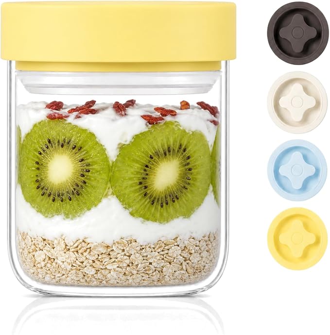 13 oz Small Airtight Glass Overnight Oats Containers with Lid | Twist Seal, Silicone Ring, Wide-Mouth Borosilicate Container for Yogurt, Chia Pudding, Fruit, Snacks and Meal Prep