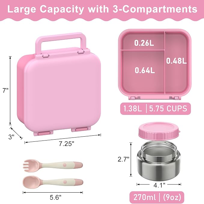 Kids Bento Lunch Box with Soup Thermo (9oz)– Hot & Cold Lunch Container with Leak Proof Insulated Food Jar for School Girls Boys, Ideal Size for Ages 3 to 7, Pink