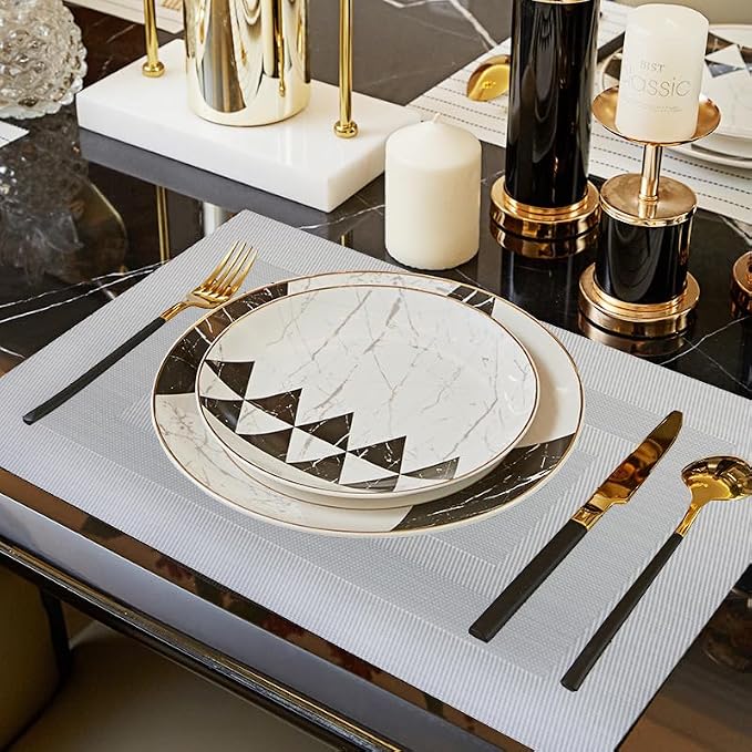 PIGCHCY Durable Vinyl Placemats for Dining Table and Easy to Clean, Washable Heat Insulation Non Slip Plastic PVC Placemats Set of 4 (Bright Silver)