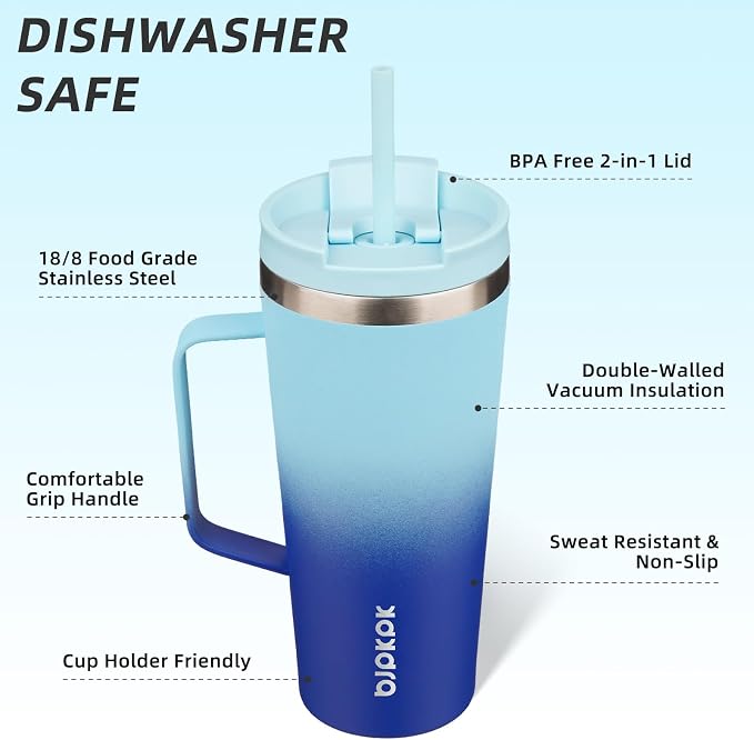 BJPKPK 22oz Insulated Tumbler with Handle, Lid & Straw, Stainless Steel | Double Wall Vacuum Insulated Coffee Travel Mug - Keeps Cold & Hot, BPA Free, Cupholder Fit for Office, Gym & Travel