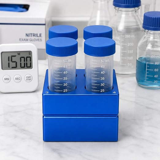 1 Pcs Aluminum Cooler Cooling Block PCR Test Tube Rack 4 Wells for 50mL | 29mm Hole Diameter for PCR/Microcentrifuge Tubes; Enzymes, RNA, Reagents, and Temp-sensitive Samples in Cold Prep (Blue)