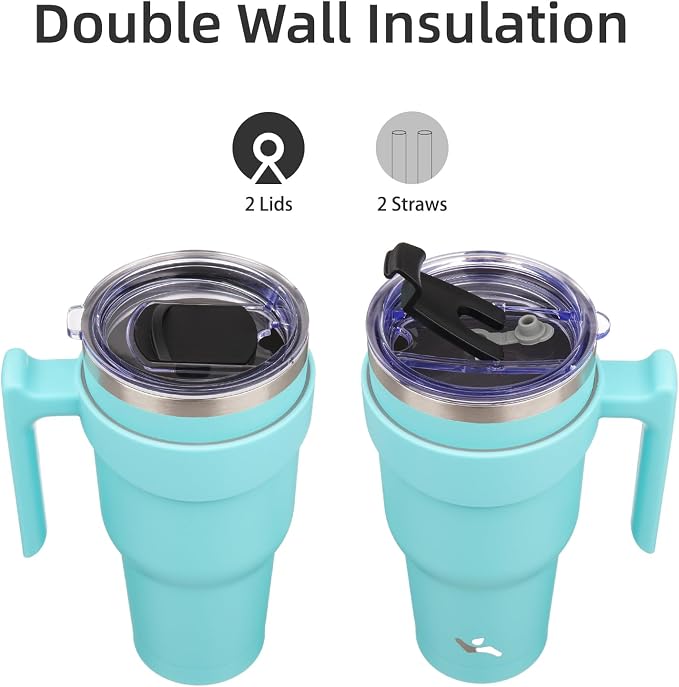 Konokyo 30 oz Tumbler with Handle and Straw, Insulated Travel Mug | Turquoise; BPA-free, leak-proof tumbler with 2 lids, 2 straws, cup holder fit for coffee, office, travel & daily use