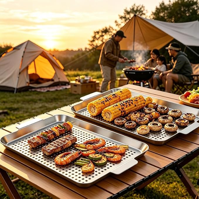 2pcs Grill pan for outdoor grill: Stainless steel Grill topper for outdoor grill - easy clean grill topper suitable for camping, picnic, party (large)