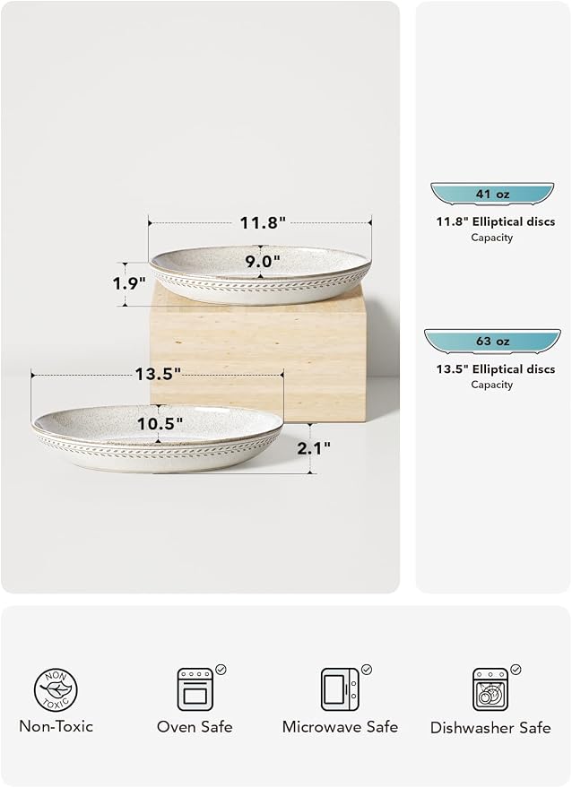 LE TAUCI Ceramic Serving Bowls Set of 2, Large Oval Serving Dishes for Entertaining, 11.8 & 13.5 Inch Salad Bowl for Kitchen Counter, Fruit Bowl, Pasta Bowls, Microwave and Dishwasher Safe - Birch