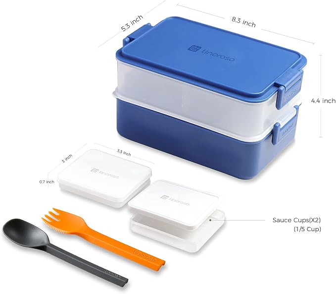 Stackable 2-Tier Adult Bento Box, 4 Compartments - Classic Blue | leakproof sauce cups, utensil set included, microwave & dishwasher safe, 7 colors available, ideal for work/school/picnic