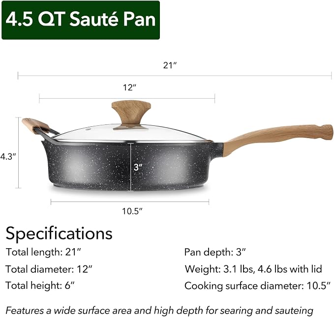 Deep Nonstick Frying Pan with Lid, 4.5 QT Swiss Granite Coating Sauté Pan, 12 Inch Healthy Non Stick Skillet Cooking Pan and Helper Handle with Silicone Cover, PFOA Free, Induction Ready.
