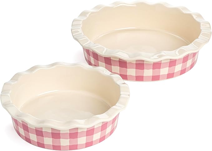Paris Hilton Ceramic Pie Dish Set, 7-Inch and 9-Inch Stoneware Baking Dishes with Fluted Rim and Gingham Design, Oven Safe up to 450°F, 2-Piece, Pink